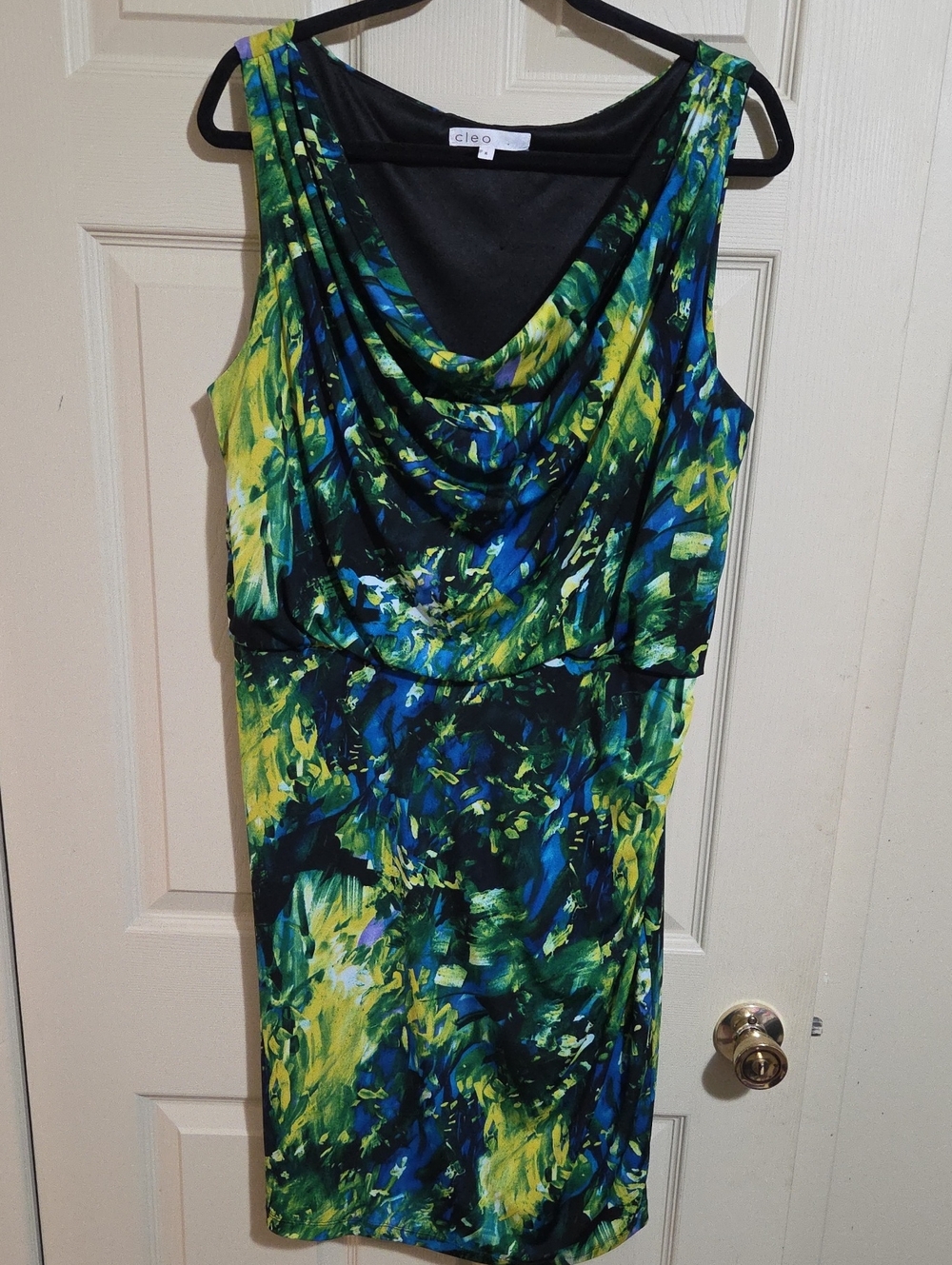 cleo Green & Blue Abstract Cowl Neck Midi Dress